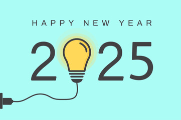 Happy new year 2025 with a light bulb on blue background. Idea and creative, inspiration concepts. Vector illustration. 