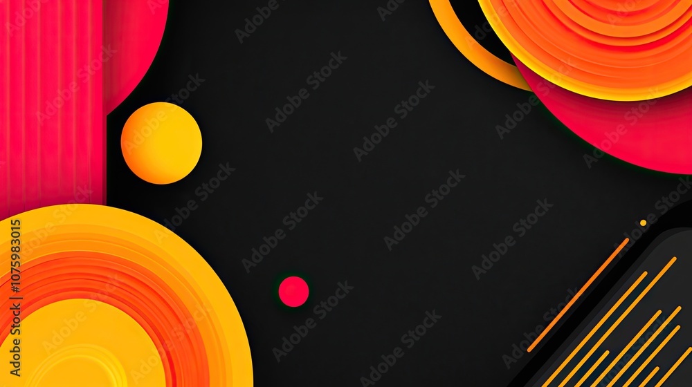 Poster Abstract background featuring vibrant red, yellow, and black circles with geometric shapes, creating a modern and dynamic design perfect for creative projects and visual content.