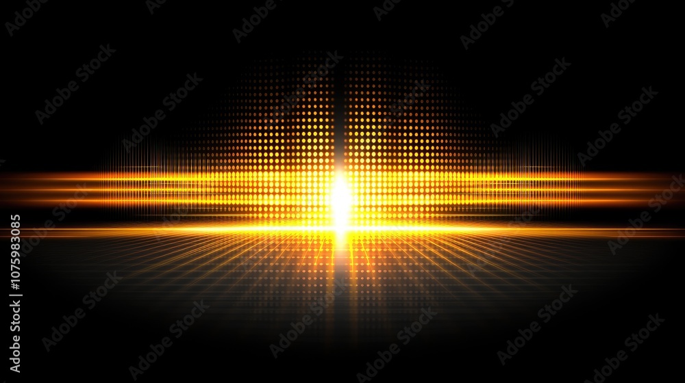 Poster radiant light burst with horizontal stripes and dotted pattern on a dark background, ideal for abstr