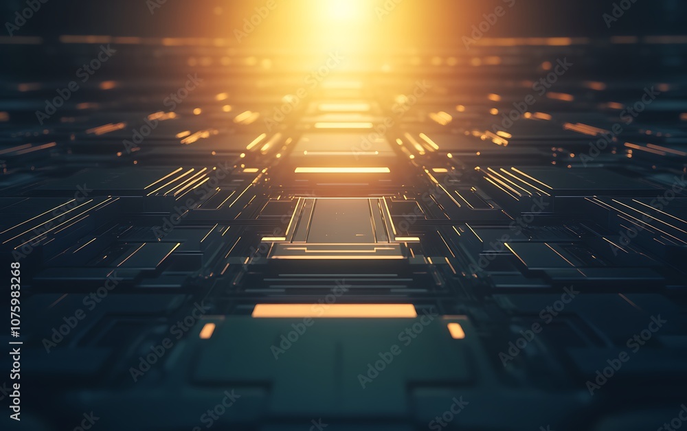 Poster a futuristic perspective of a digital circuit board illuminated by a warm, glowing light, suggesting