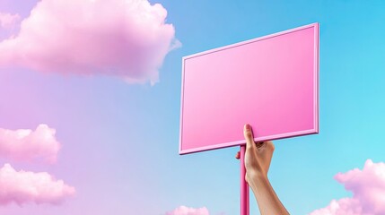 Vibrant Hand Holding Blank Pink Signboard Against a Dreamy Sky with Soft Clouds, Perfect for Creative Advertising and Inspirational Messages