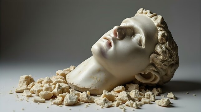 A dramatically lit, fragmented classical bust sculpture on a dark background