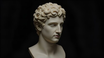 A close-up photograph of a classical white marble bust of a young man against a dramatic black background