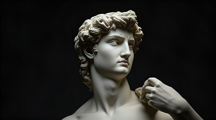 A close-up photograph of a classical white marble bust of a young man against a dramatic black background