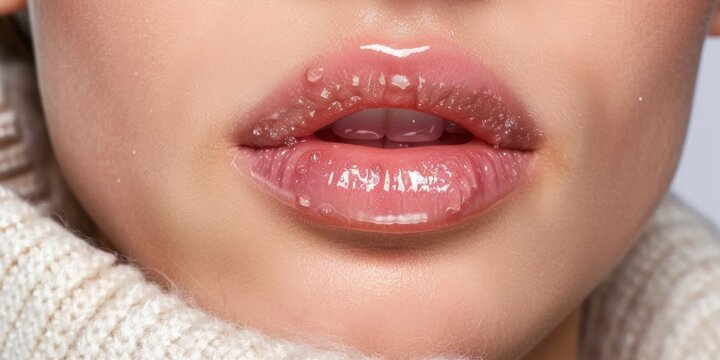 Lips are being moisturized with a balm while a winter coat collar adds warmth; the background allows for additional text placement. National Winter Skin Relief Day