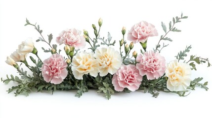 Obraz premium A beautiful floral arrangement featuring carnations in soft pastel shades, set against a background of greenery