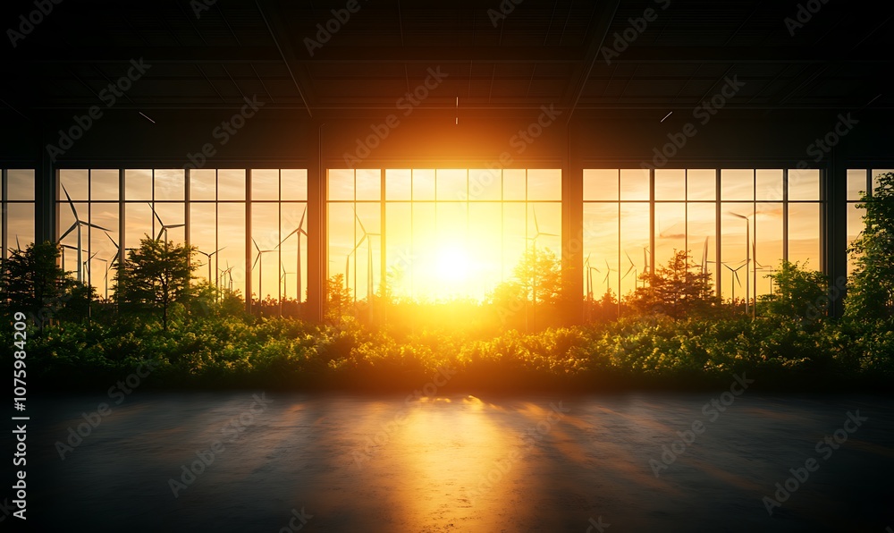 Poster a serene indoor space illuminated by a vibrant sunset, featuring lush greenery and large windows tha
