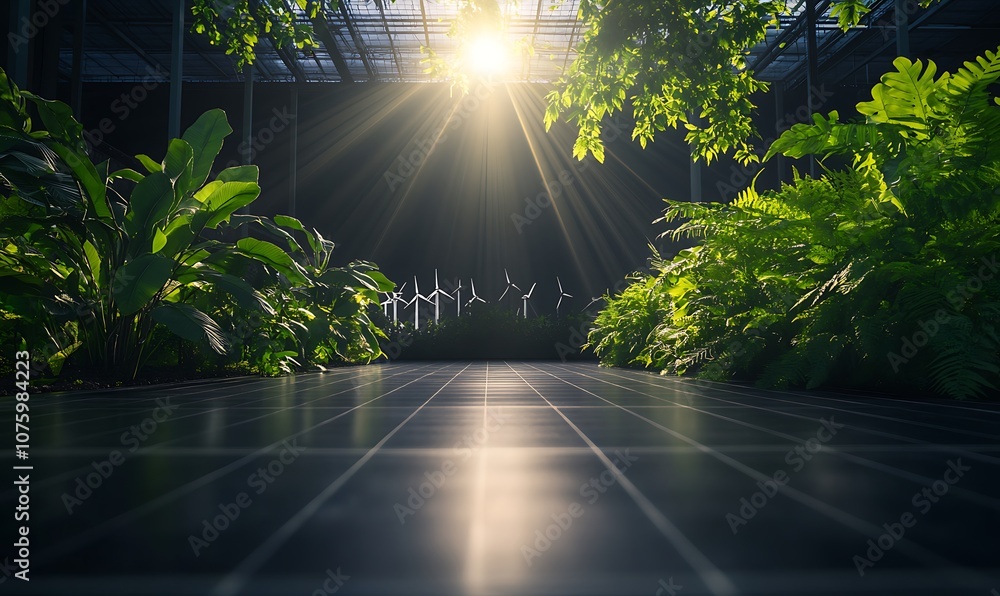 Leinwandbilder A serene pathway lined with lush greenery, illuminated by sunlight filtering through a structure, creating a tranquil atmosphere.