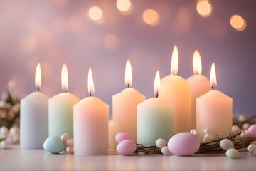 Easter candles on a table with soft bokeh lights in pastel tones capturing a serene and festive, Ai Generated