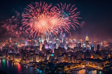 Fireworks over a cityscape with colorful bokeh lights in the foreground celebrating new years evening, Ai Generated