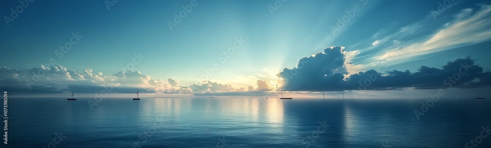 Poster a serene coastal scene featuring a calm sea, soft clouds, and rays of sunlight illuminating the hori