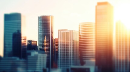 Obraz premium Modern Urban Skyline at Sunrise with Reflections on Glass Facades, Vibrant Light Across Skyscrapers, and a Soft Blurred Background
