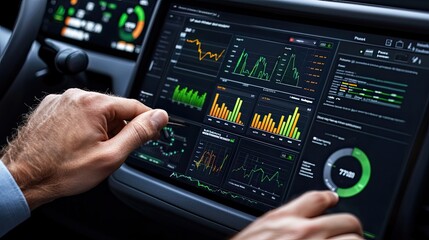 Data Analysis in Real-Time: Close-Up of a Person Interacting with a High-Tech Touchscreen Display in a Modern Vehicle Dashboard Featuring Graphs and Metrics