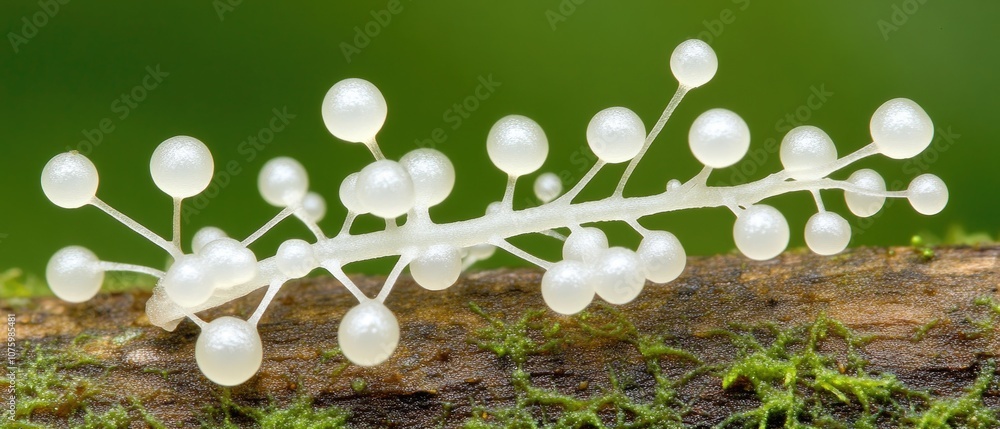 Poster close-up view of a unique white fungal structure with sphere-like projections on a mossy log in a lu