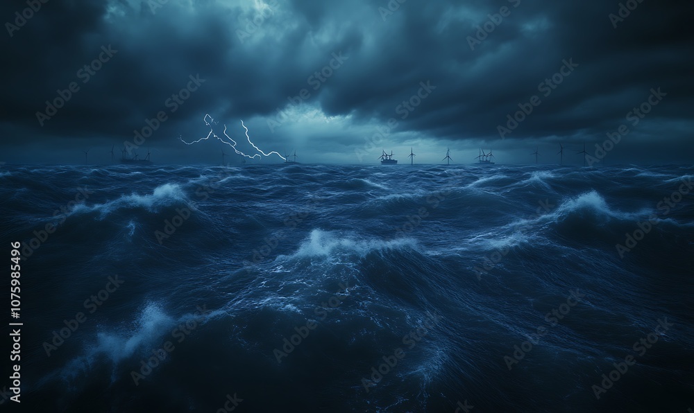 Aufkleber a moody seascape featuring dark, turbulent waters beneath ominous clouds, creating a dramatic and at