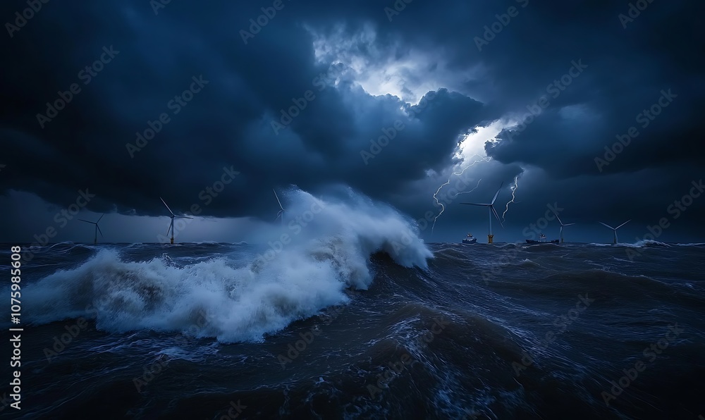 Poster a dramatic seascape featuring turbulent waters and dark storm clouds, illuminated by a break in the 