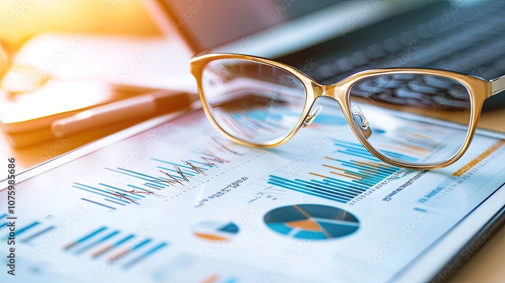 Poster close-up of eyeglasses on business reports with colorful graphs and charts reflecting financial anal