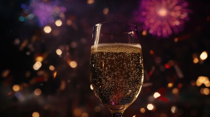 A glass of sparkling champagne with bubbles rising to the surface, placed next to a celebratory backdrop of fireworks