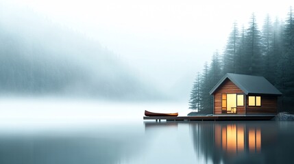 Fototapeta premium Peaceful Lakeside Cabin at Sunrise with Mist Rising