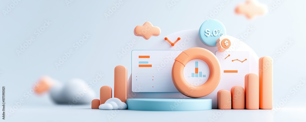 Aufkleber a colorful 3d graphic featuring data charts, circular elements, and cloud shapes, symbolizing analyt