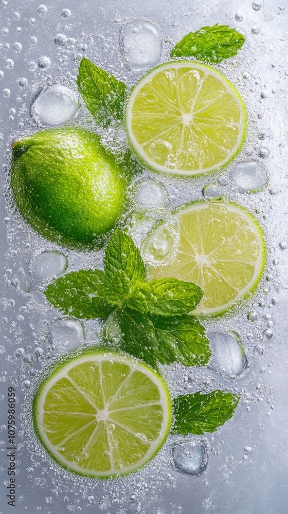Poster fresh slices of lime and mint leaves in sparkling water with bubbles and ice cubes on a silver backg