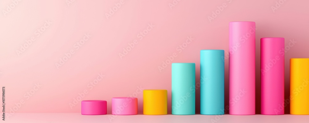Poster a colorful arrangement of cylindrical shapes in varying heights and sizes, set against a soft pink b
