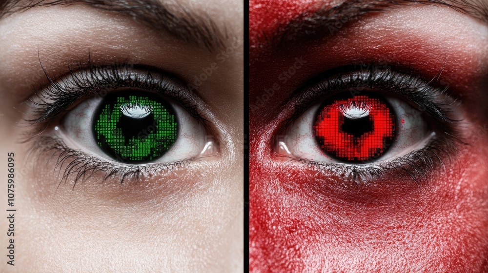 Poster close-up of two human eyes side by side: one with a green pixelated design representing technology a