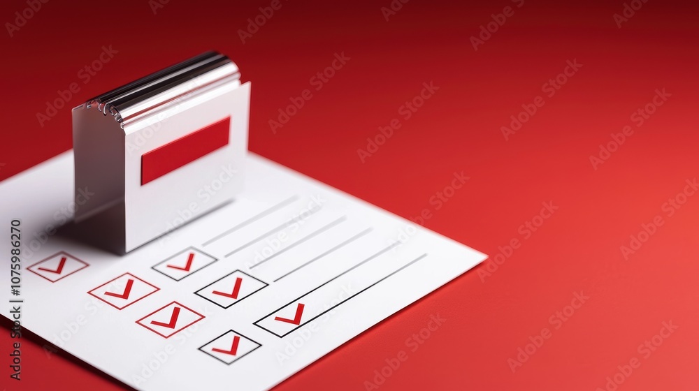 Poster a checklist with checked boxes sits on a red background, emphasizing organization and task managemen