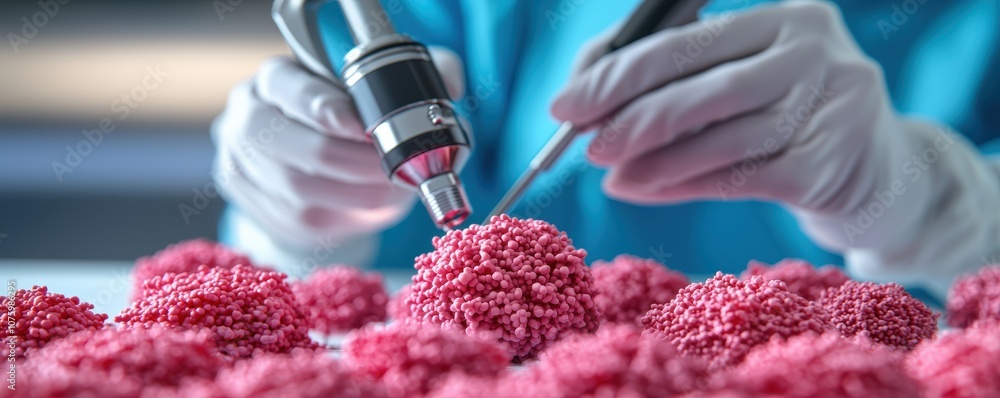 Poster a technician meticulously inspects pink microscopic particles, using fine instruments in a laborator