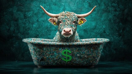 Fototapeta premium Eco Wealth: Highland Cow in Tub Mosaic with Green Growth