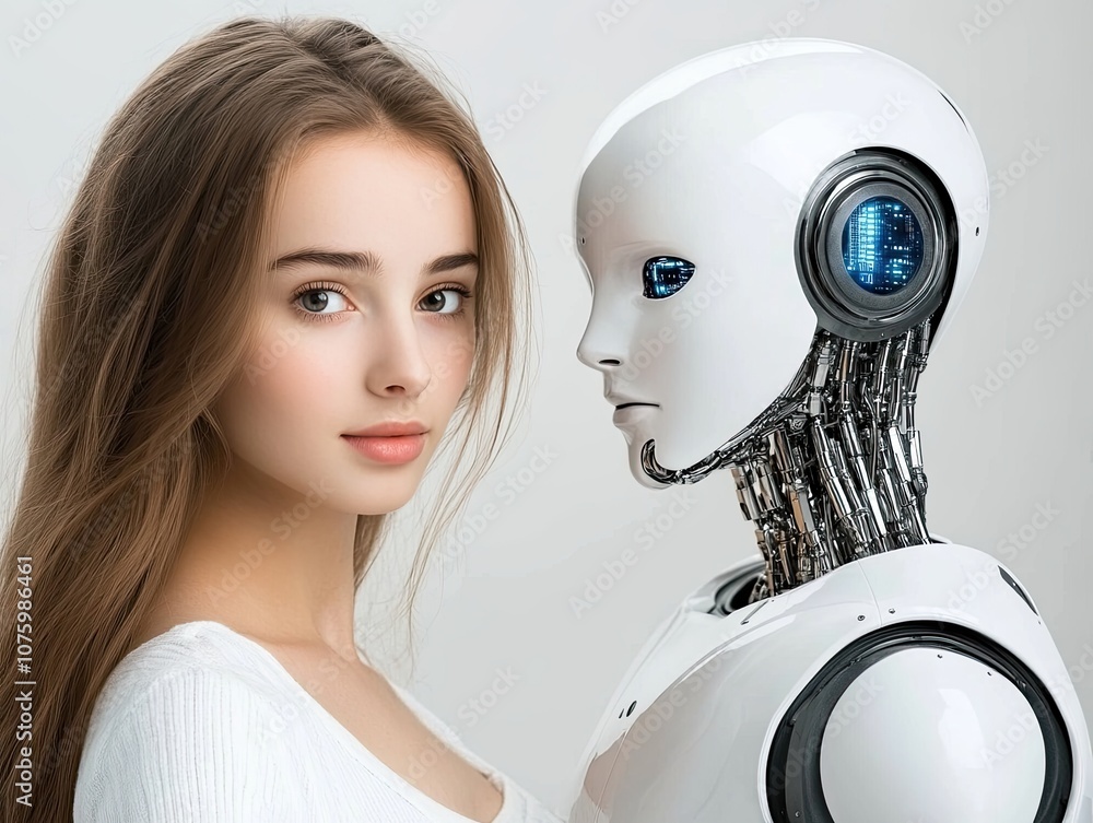 Poster a stunning robot and human connection showcasing advanced technology and humanity with a female mode