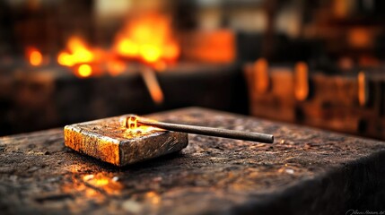 Glowing Metal Rod Being Forged in a Blacksmith Workshop with Fiery Background Highlighting the Art of Traditional Metalworking and Craftsmanship