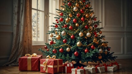 Cozy living room with glowing Christmas tree, large window and gifts under the tree. Snow is falling outside the window.