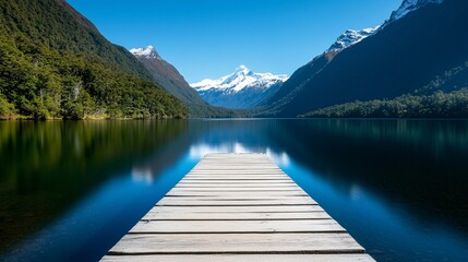 Fototapeta premium Serene Mountain Lake with Wooden Dock View