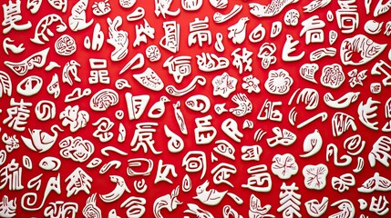 Vibrant Red Background with Intricate White Patterns of Asian Symbols and Decorative Ornaments Signifying Culture and Heritage in Artistic Design