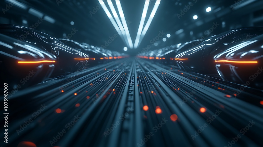 Aufkleber a futuristic tunnel scene featuring glowing lines and sleek vehicles, conveying a sense of speed and