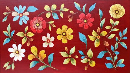 Detailed Illustration of Vibrant Floral Patterns on a Rich Red Background, Showcasing a Variety of Colorful Flowers and Leaves in a Decorative Art Style