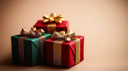 Fototapeta premium Red and green festive gifts with golden ribbons on a minimalist background. Perfect for holiday season giving and celebration.