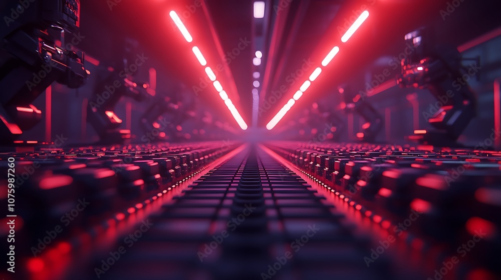 Aufkleber a futuristic scene featuring robotic arms and vibrant red lights illuminating a technological worksp