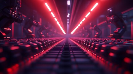 A futuristic scene featuring robotic arms and vibrant red lights illuminating a technological workspace.