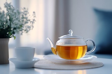 Fototapeta premium Cup with hot tea with mint and a thyme on a wooden table in a summer garden.