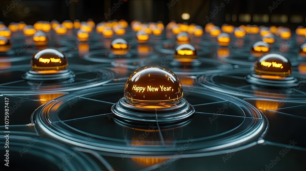 Poster glowing 3d orbs with happy new year message illuminating a dark background, creating a festive and j