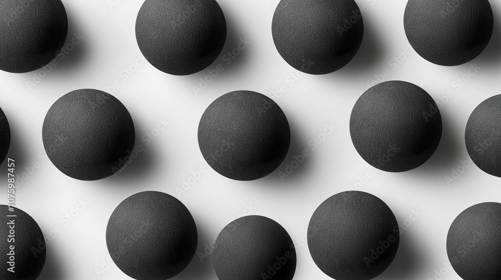 Poster abstract composition of matte black spheres arranged on a soft white surface, creating a minimalisti