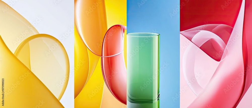 Poster vibrant abstract compositions featuring colorful transparent shapes and soft textures on light backg