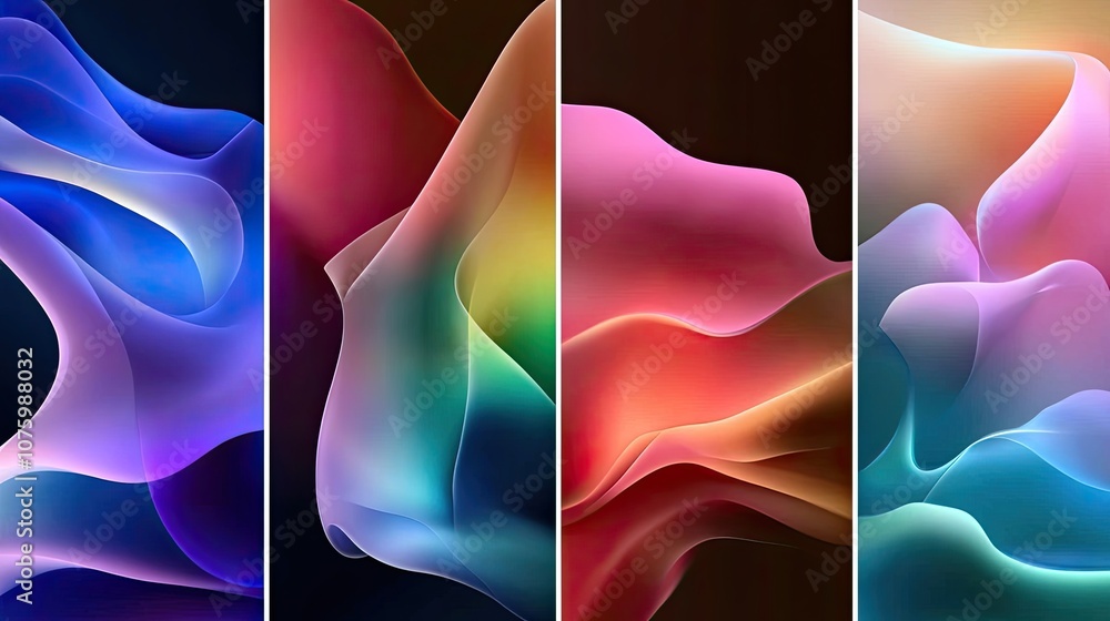 Poster abstract fluid shapes displaying colorful waves in varied lighting and textures for artistic backgro