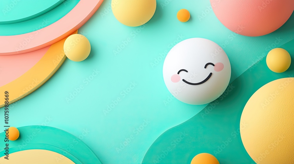 Poster playful and colorful abstract background with cheerful smiley face and geometric shapes representing