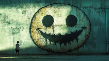 A child stands before a large, sinister smiley face mural on a wall.