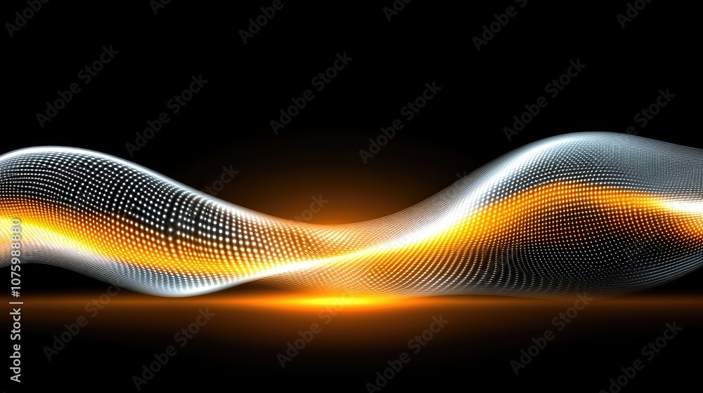 Poster abstract flowing wave with shimmering points and radiant glow on a dark background, representing dyn