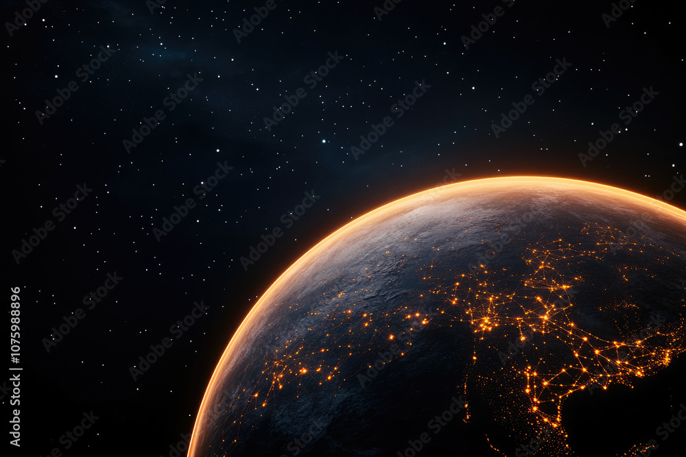 Poster illuminated planetary network, a vibrant globe adorned with intricate light patterns, showcasing a f