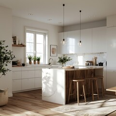 Modern Kitchen Interior Design with White Cabinets, Marble Countertops, and Wooden Island